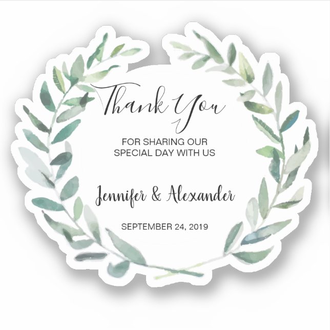 Watercolor leaves Wedding Thank You custom cut (Front)