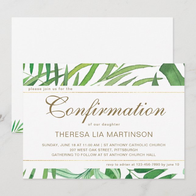 Watercolor Leaves with Cross Confirmation Invitation (Front/Back)