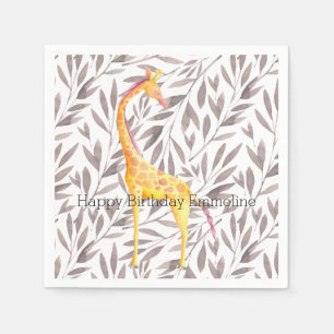 Watercolor Leaves with Giraffe Personalized Napkin