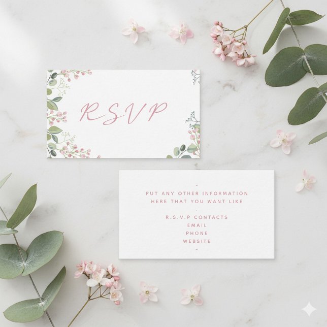Watercolor leaves with pink flowers "RSVP" wedding Enclosure Card (Pretty green and pink R.S.V.P enclosure card.)