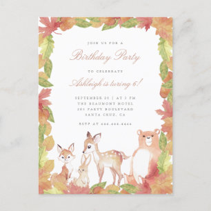 Watercolor Leaves & Woodland Animals Birthday Invitation Postcard