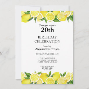 Watercolor Lemon 20th Birthday Photo Party Invitation