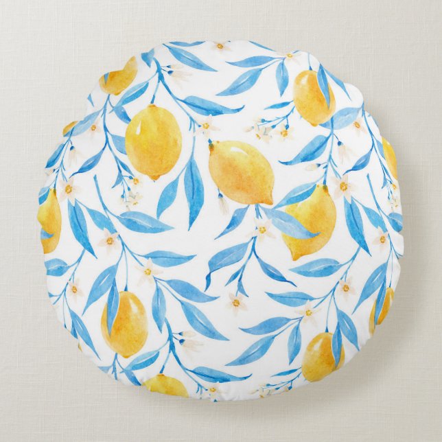 Watercolor Lemon and Blue Leaves Round Pillow (Front)