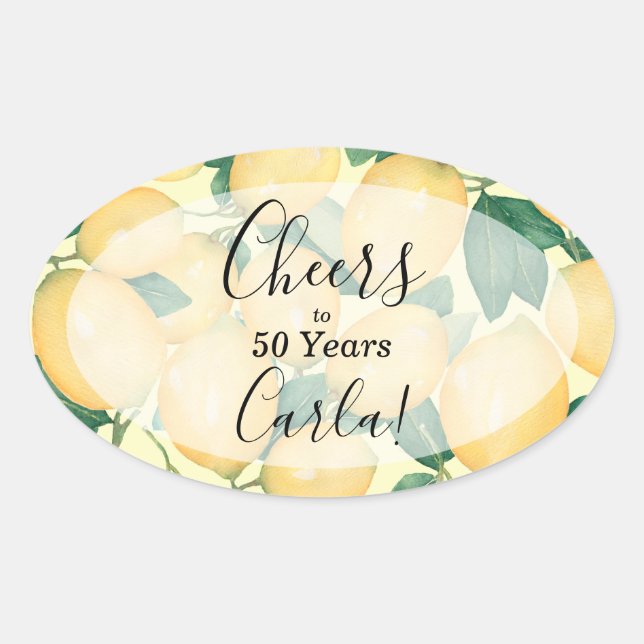 Watercolor Lemon and Greenery Birthday Oval Sticker (Front)