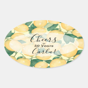Watercolor Lemon and Greenery Birthday Oval Sticker