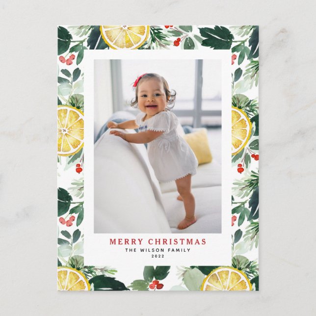 Watercolor Lemon and Greenery Photo Christmas Holiday Postcard (Front)