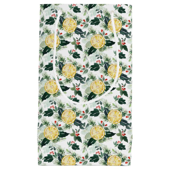 Watercolor Lemon and Holly Pattern Christmas Small Gift Bag (Front)