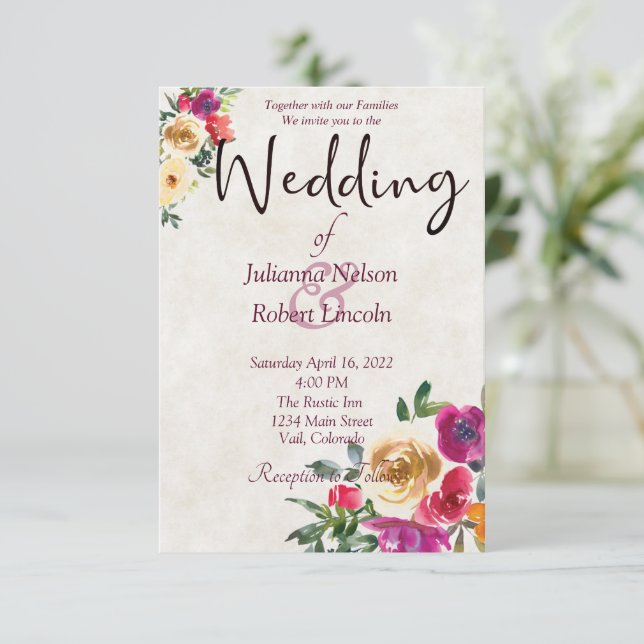 Watercolor lemon and magenta floral wedding invita invitation (Standing Front)