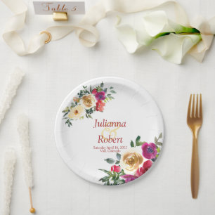 Watercolor lemon and magenta floral wedding  paper plate