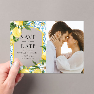 Watercolor Lemon and Moroccan Tile Pattern Photo Acrylic Invitations