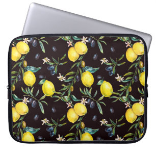 Watercolor lemon and olive branches seamless patte laptop sleeve