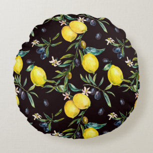 Watercolor lemon and olive branches seamless patte round pillow
