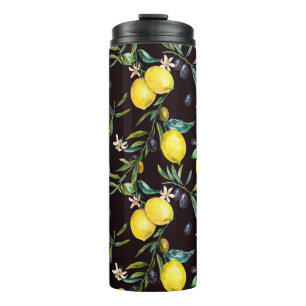 Watercolor lemon and olive branches seamless patte thermal tumbler