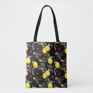 Watercolor lemon and olive branches seamless patte tote bag