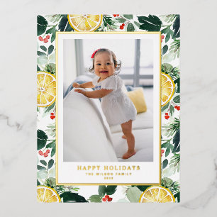 Watercolor Lemon and Winter Greenery Photo Foil Holiday Postcard