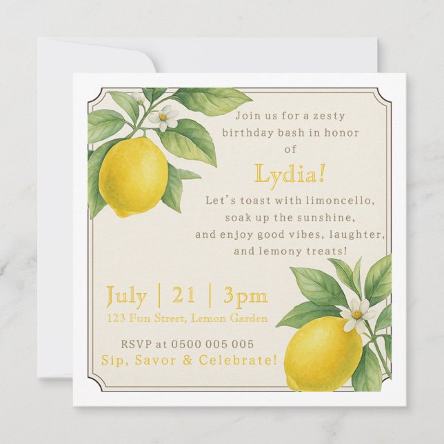Watercolor Lemon Birthday Invitation (Front)