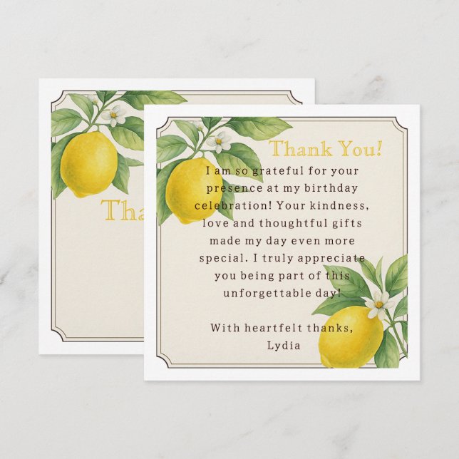 Watercolor Lemon Birthday Party Thank You Card (Front/Back)