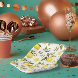 Watercolor Lemon Blossom Botanical Pattern Sqr Paper Plate