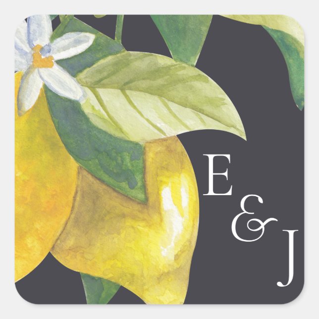 Watercolor Lemon Blossom Monogram Wedding Square Sticker (Front)