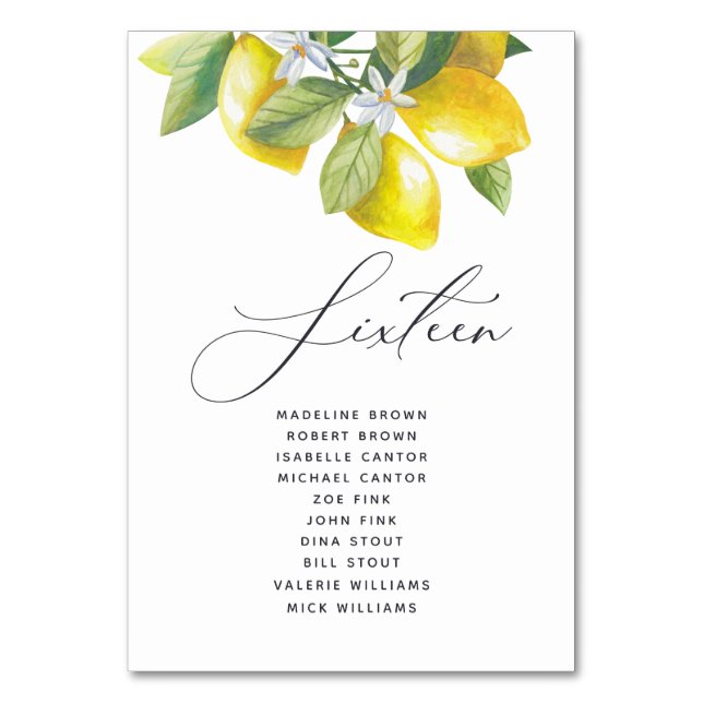Watercolor Lemon Blossom Seating Chart Table Numbe Number (Front)