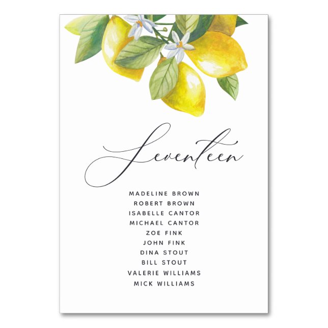 Watercolor Lemon Blossom Seating Chart Table Numbe Table Number (Front)