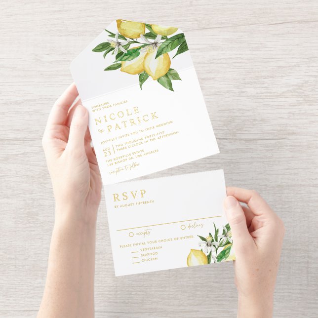 Watercolor Lemon Blossoms Summer Wedding All In One Invitation (Tearaway)