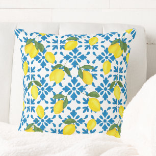 Watercolor Lemon Blue French Country  Throw Pillow