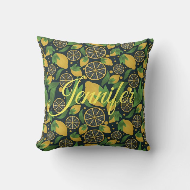Watercolor Lemon Blue Fruit Personalized Throw Pillow (Front)