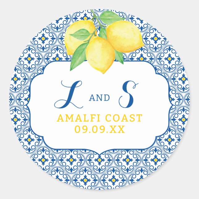 Watercolor Lemon Blue Mediterranean Tile Classic Round Sticker (Front)