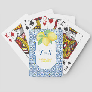 Watercolor Lemon Blue Mediterranean Tile Monogram Playing Cards