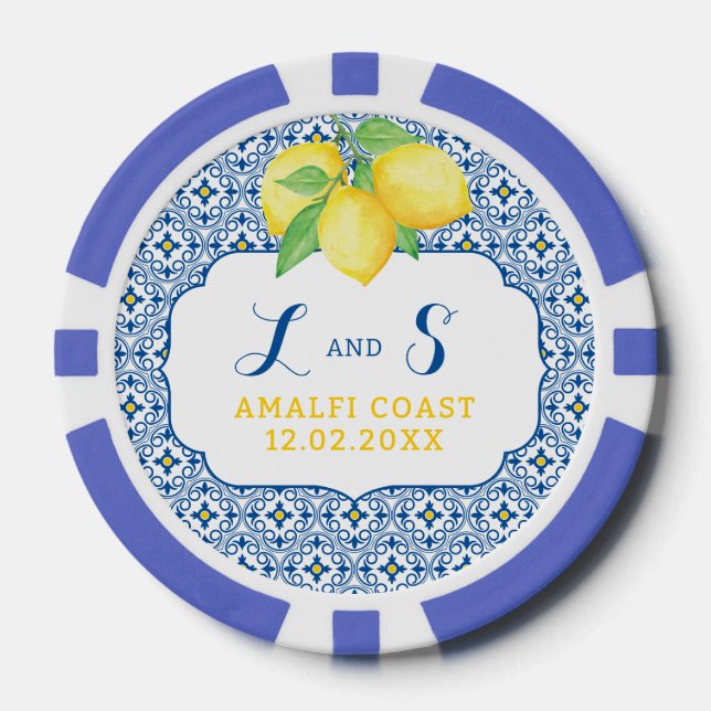Watercolor Lemon Blue Mediterranean Tile Poker Chips (Front)