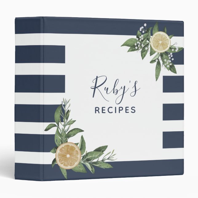 Watercolor Lemon Blue Stripe Recipe Organizer Binder (Front/Spine)