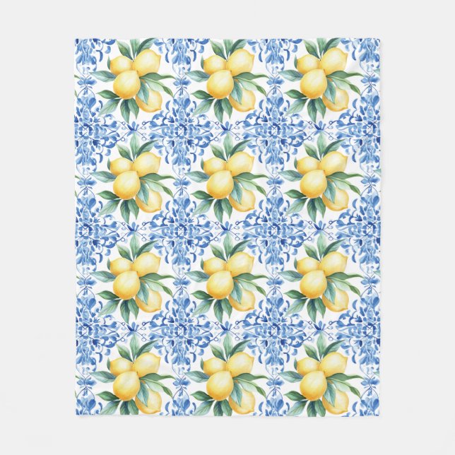 Watercolor Lemon Blue Tile Fleece Blanket (Front)
