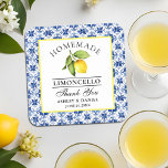 Watercolor Lemon Blue Tile Limoncello Wedding Square Paper Coaster<br><div class="desc">Elegant Watercolor Lemon on Blue Tile Homemade Limoncello Wedding Thank You Coasters</div>