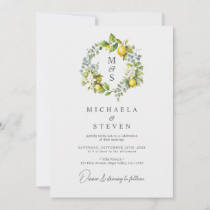 Watercolor Lemon Botanical Wreath Wedding Invitation