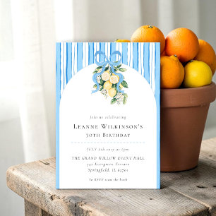 Watercolor Lemon Bow Arch Blue Stripes 30th  Invitation