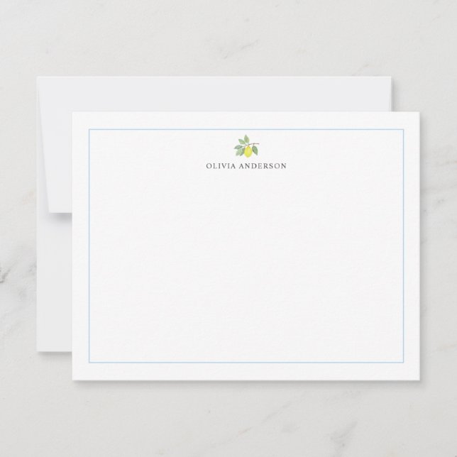 Watercolor Lemon Branch Blue Border Personalized Card (Front)