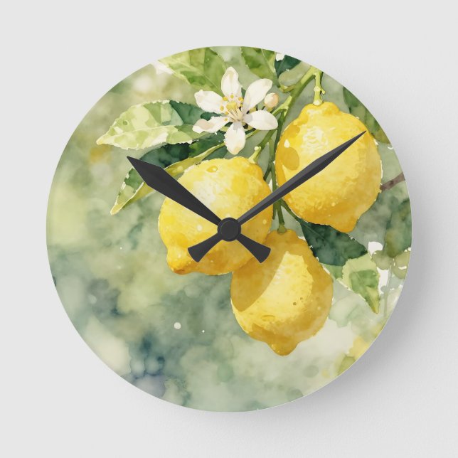 Watercolor Lemon Branch Botanical Summer Round Clock (Front)