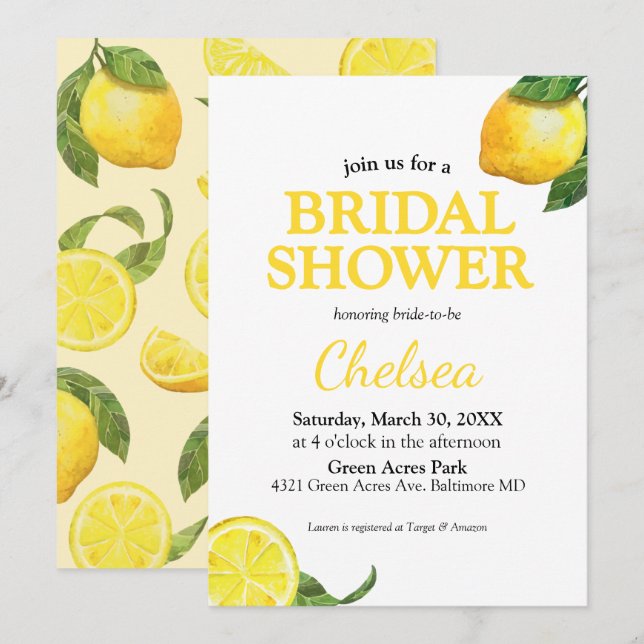 Watercolor Lemon Bridal Shower Invitation (Front/Back)