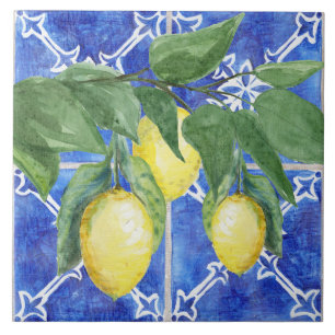 Watercolor Lemon Citrus Foliage Pattern Blue White Tile