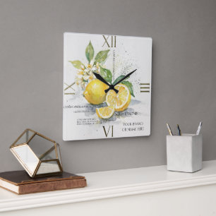 Watercolor Lemon Citrus Fruit With Blossoms Square Wall Clock