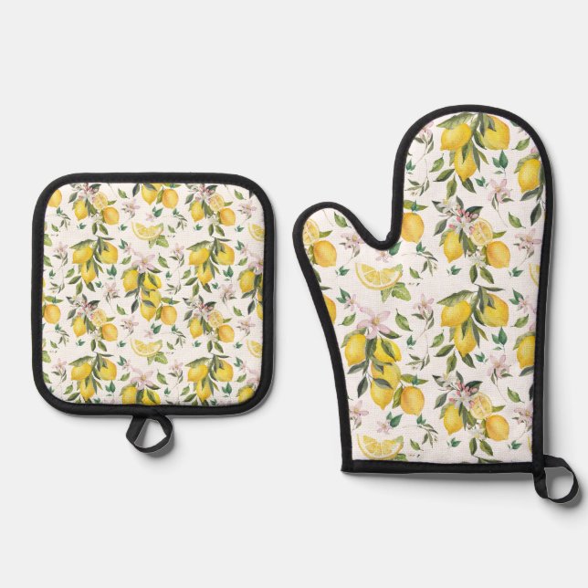 Watercolor Lemon Citrus Pattern Oven Mitt & Pot Holder Set (Front)
