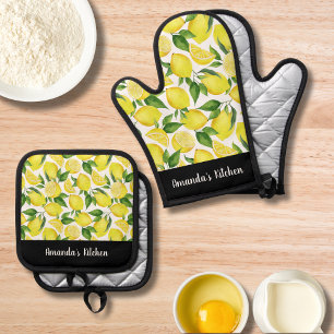 Watercolor Lemon Citrus Personalized Gift Kitchen Oven Mitt & Pot Holder Set