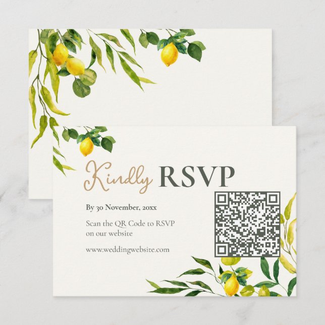 Watercolor Lemon Citrus QR Code Wedding RSVP Card (Front/Back)