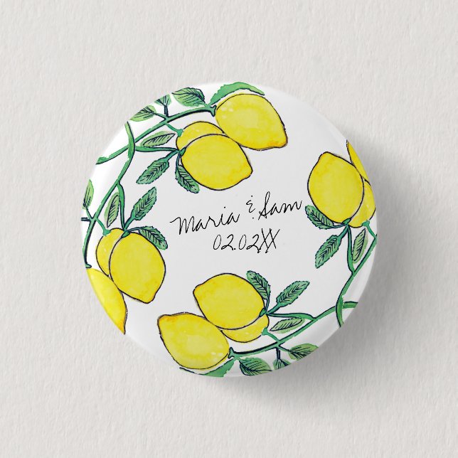 Watercolor Lemon Citrus Script Wedding   1 Inch Round Button (Front)