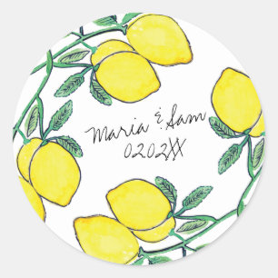 Watercolor Lemon Citrus Script Wedding Classic Round Sticker