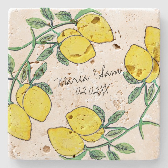 Watercolor Lemon Citrus Script Wedding  Stone Coaster (Front)