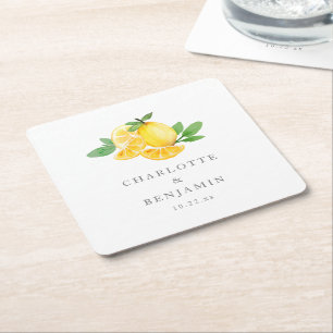 Watercolor Lemon Citrus Summer Wedding Square Paper Coaster