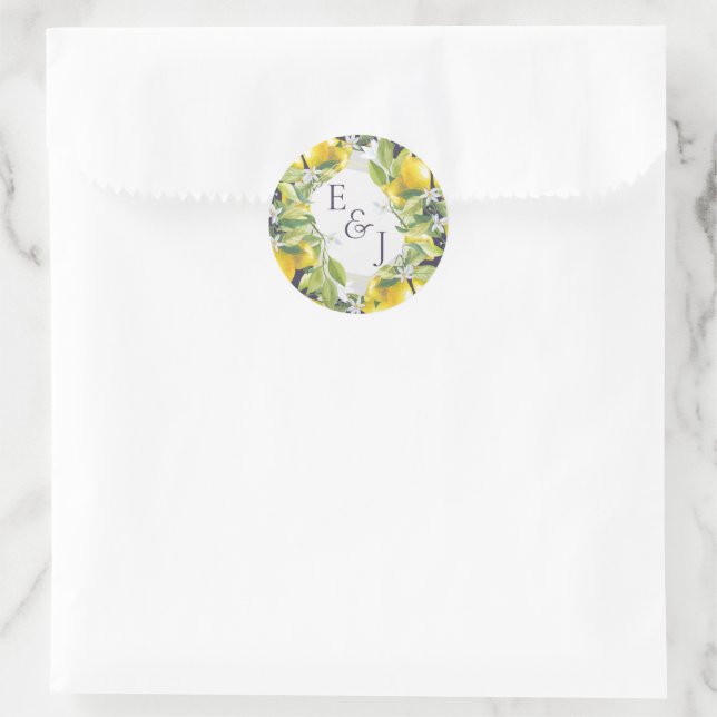 Watercolor Lemon Citrus Wedding Monogram Classic Round Sticker (Bag)
