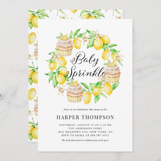 Watercolor Lemon Cupcakes Wreath Baby Sprinkle Invitation (Front/Back)